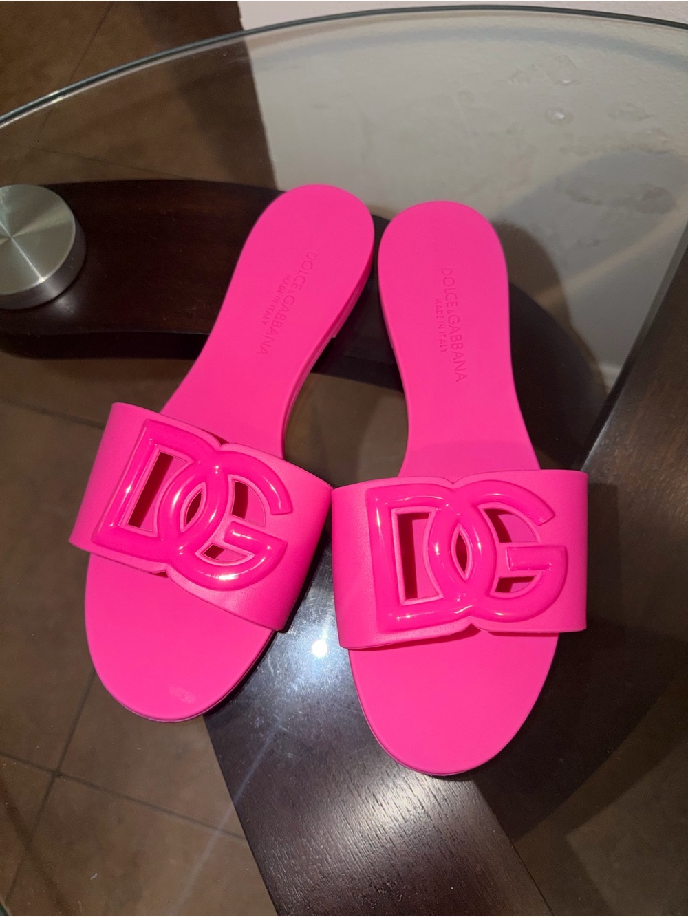 Dolce & Gabbana Neon Pink DG Logo Slide Sandals
